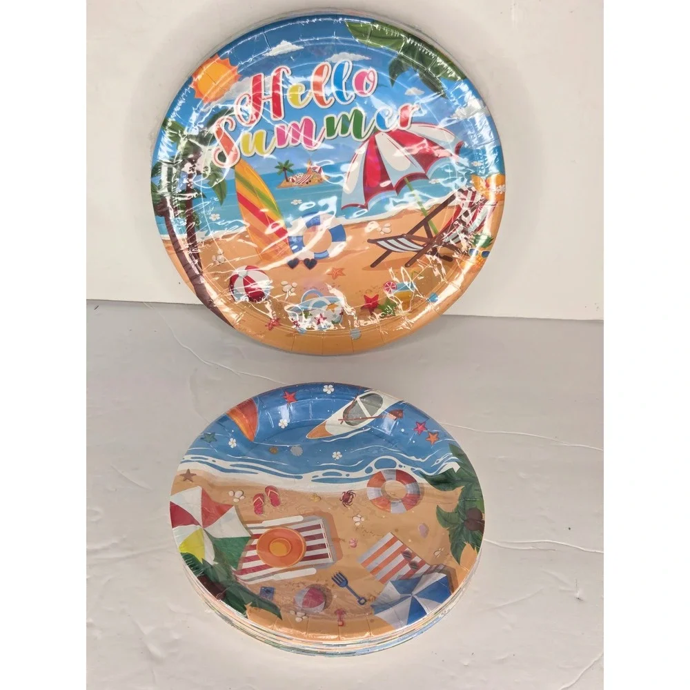Hello Summer Beach Themed Disposable Paper Plates 2 Sets of 20 Tropical Party
